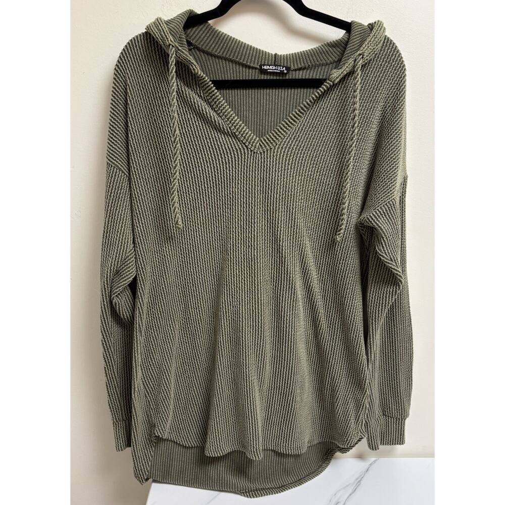 Heimish USA Olive Green Knit Hoodie Top Women’s Small V-Neck Long Sleeve‎